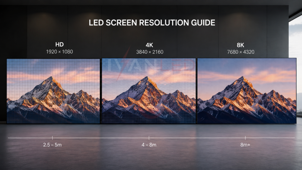 LED screen resolution guide HD 1080p 4K 8K comparison LED screen resolution guide HD 1080p 4K 8K comparison