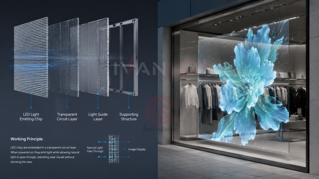Principio de funcionamiento de la tecnología de pantallas LED transparentes en escaparates comerciales Principio de funcionamiento de la tecnología de pantallas LED transparentes en escaparates comerciales