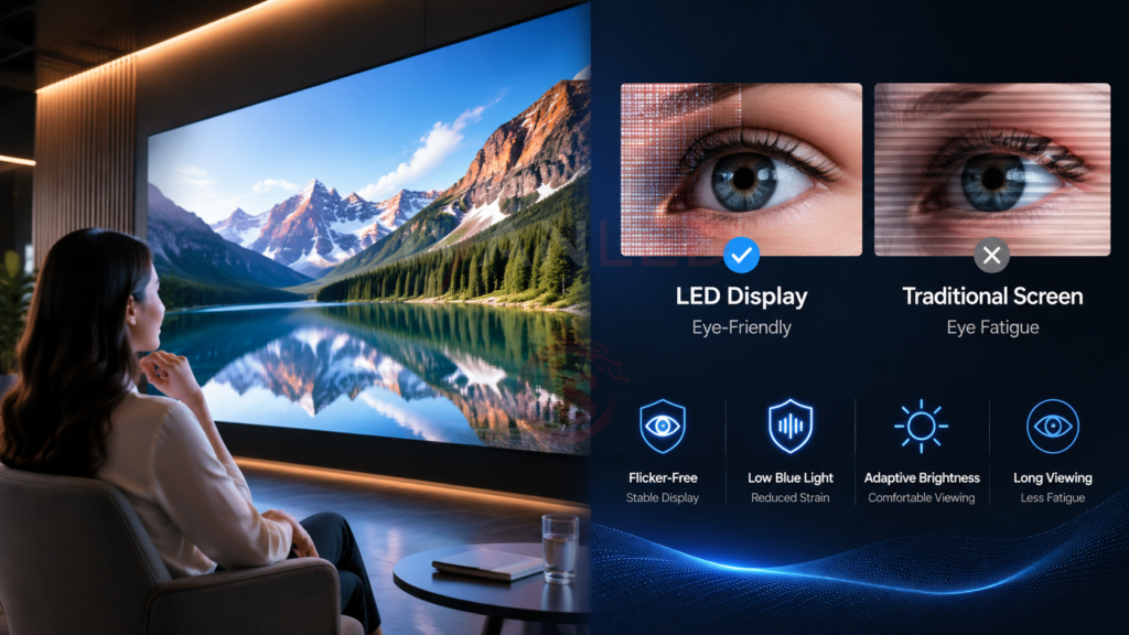 LED display eye health comparison safe viewing features flicker-free blue light filter
