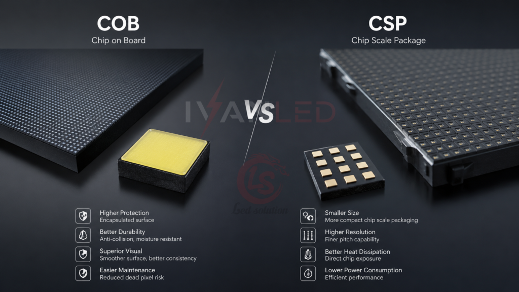COB vs CSP LED packaging comparison for fine-pitch displays