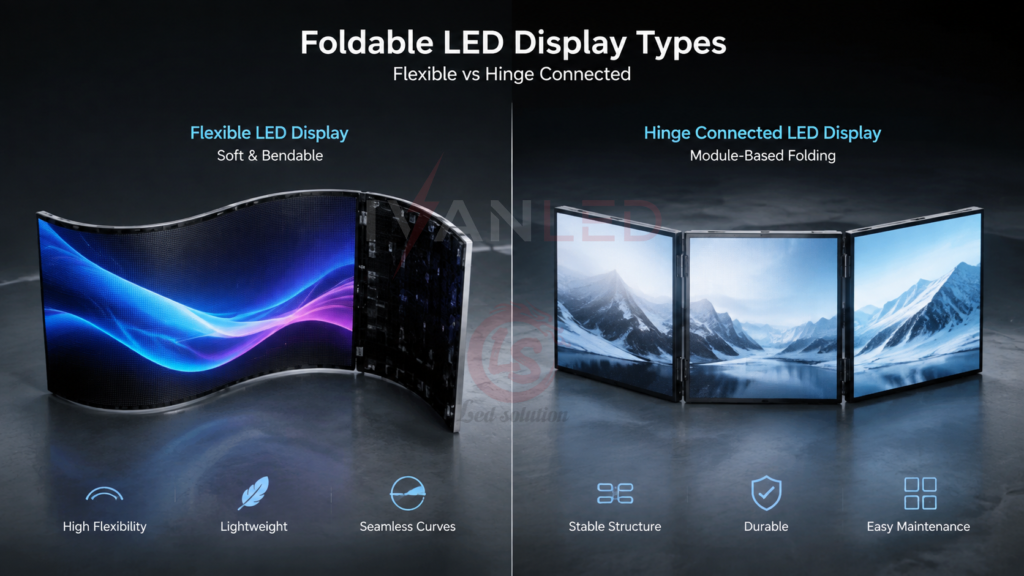 Perbandingan Jenis Layar LED Lipat: Fleksibel vs. Terhubung dengan Engsel Perbandingan Jenis Layar LED Lipat: Fleksibel vs. Terhubung dengan Engsel