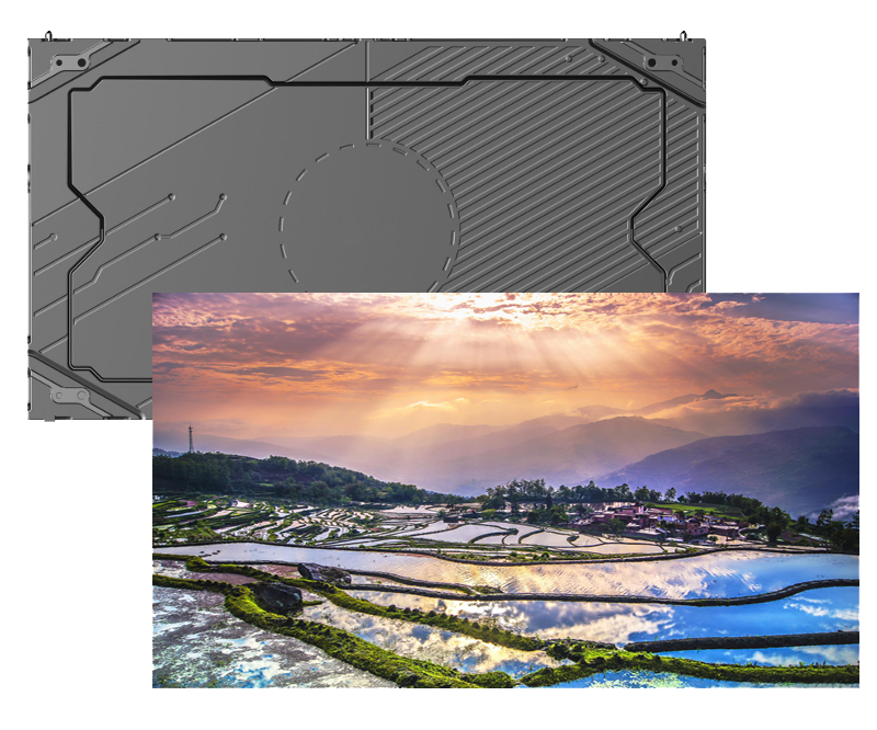 Grey electronic device panel in the background with a photograph of terraced rice fields at sunset in the foreground, blending tech and nature.