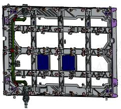 Complex metal frame composed of interconnected beams, tubes, and fittings, with purple corner brackets and two blue panels.