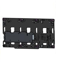 Small black circuit board with several connectors and components, featuring a central blue shield-like component and edge mounting holes.