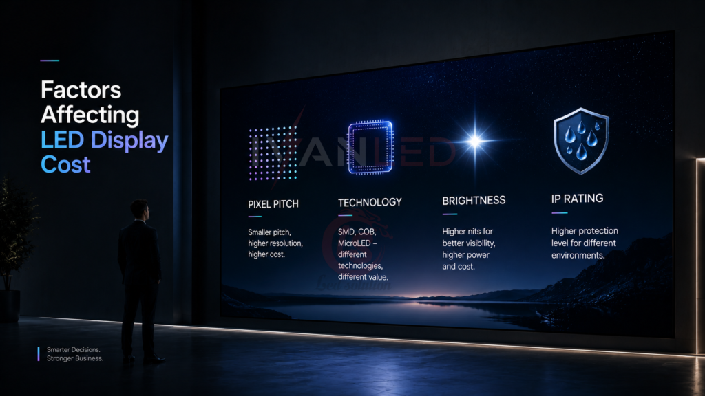 factors affecting LED display cost pixel pitch technology brightness IP rating