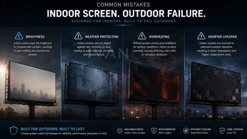 indoor screen outdoor failure brightness weather protection mistakes