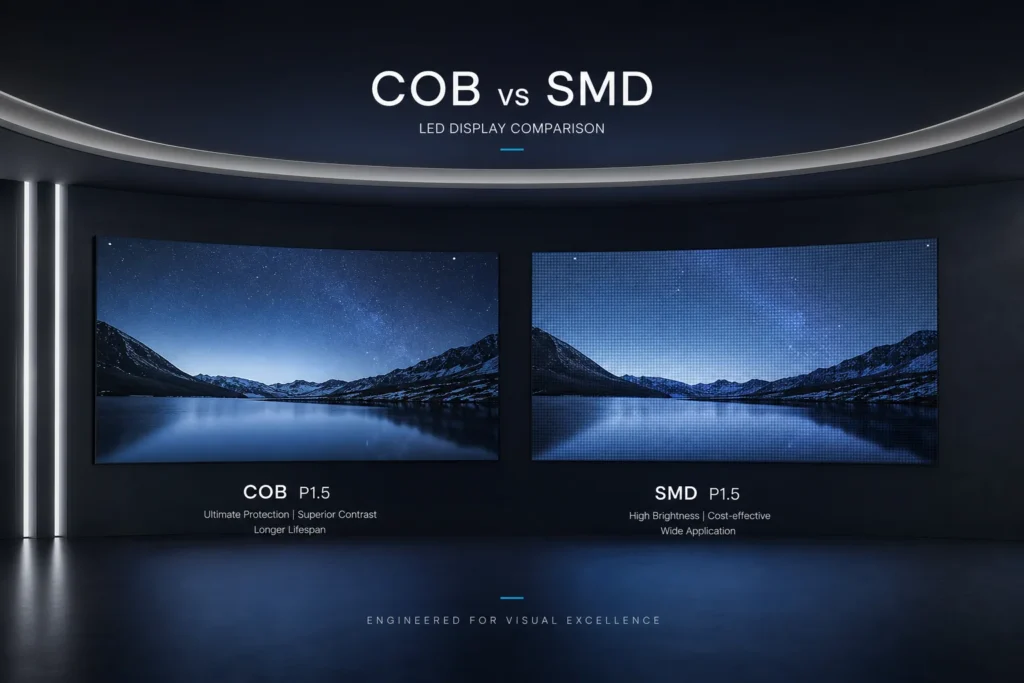 Comparación entre pantallas LED COB y SMD de paso fino P1,5 para sala de control