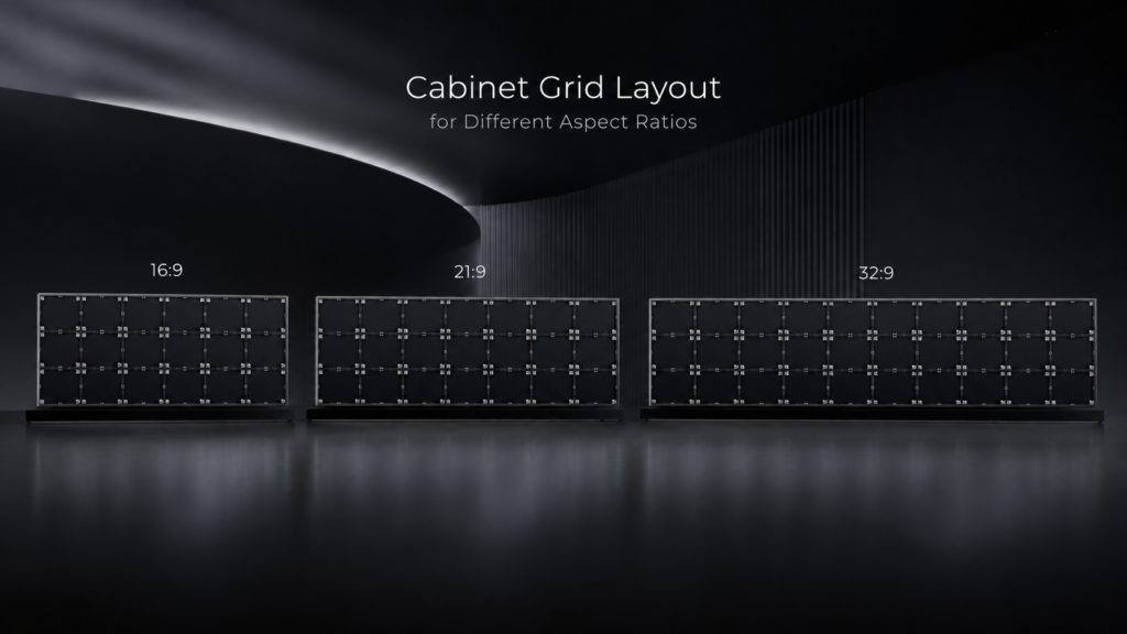 LED display cabinet grid layout for 16:9 21:9 and 32:9 aspect ratios LED display cabinet grid layout for 16:9 21:9 and 32:9 aspect ratios