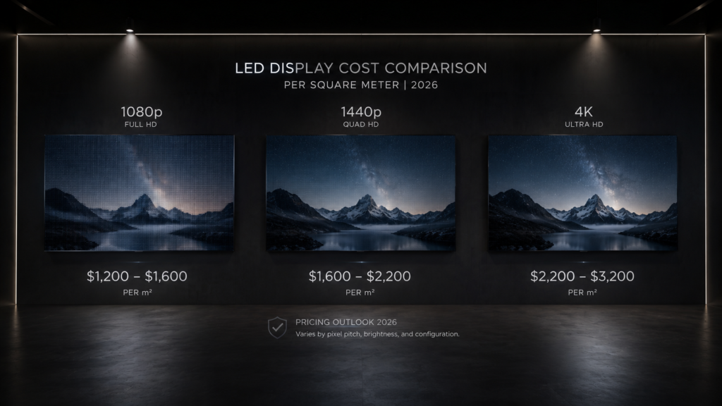LED display cost per square meter 1080p 1440p 4K comparison 2026