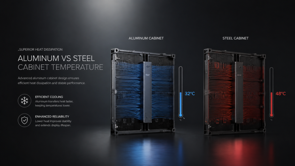 LED display heat dissipation aluminum cabinet vs steel temperature comparison