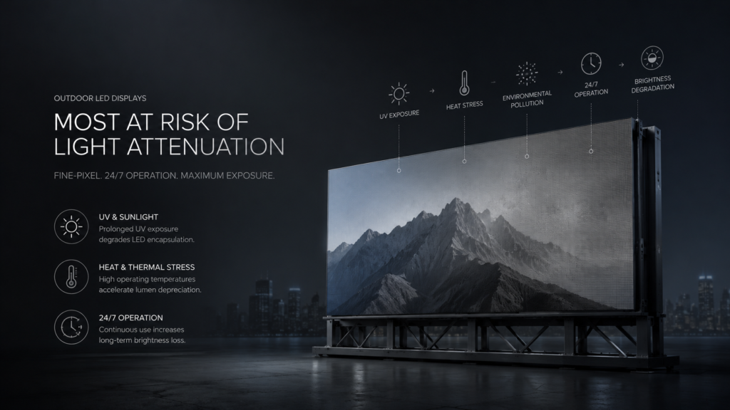 LED display types most at risk of light attenuation outdoor fine-pitch 24x7