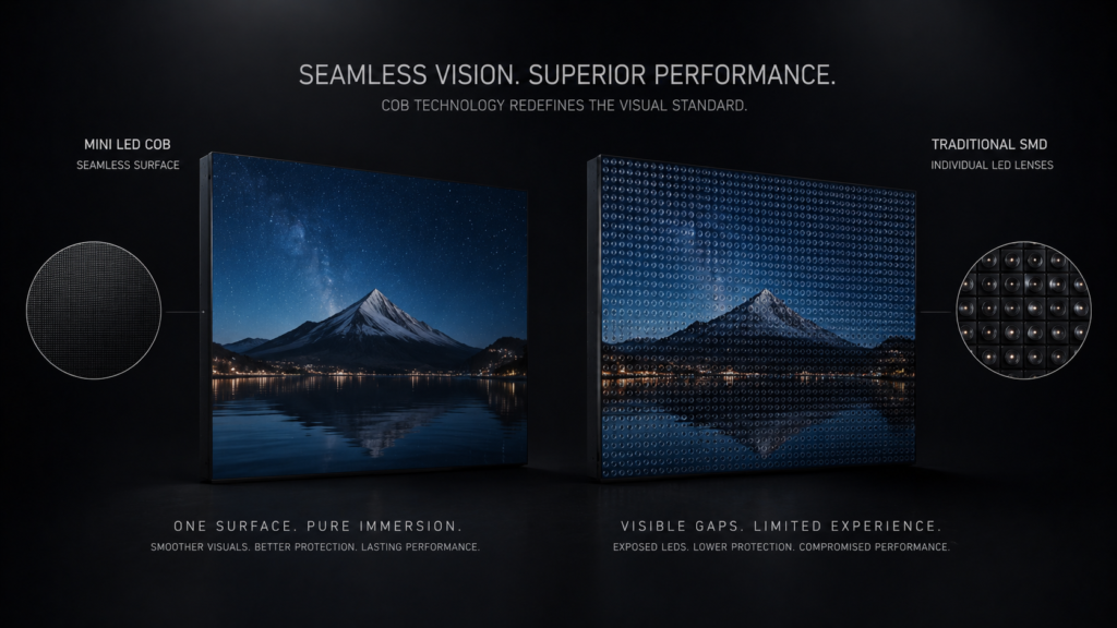 Mini LED COB seamless surface versus traditional SMD individual LED lenses Mini LED COB seamless surface versus traditional SMD individual LED lenses