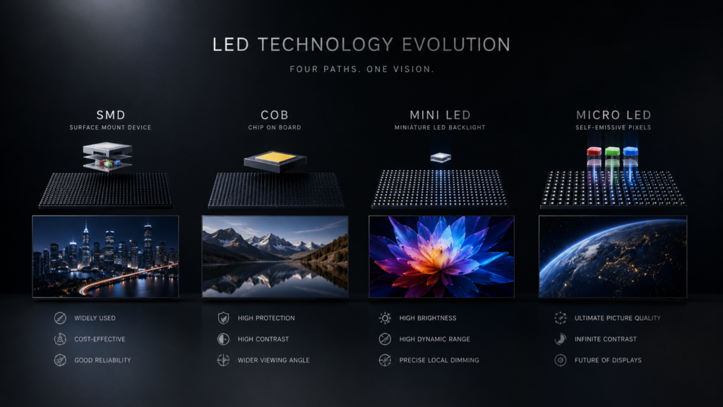 Tabla comparativa de SMD, COB, Mini LED y Micro LED para pantallas LED