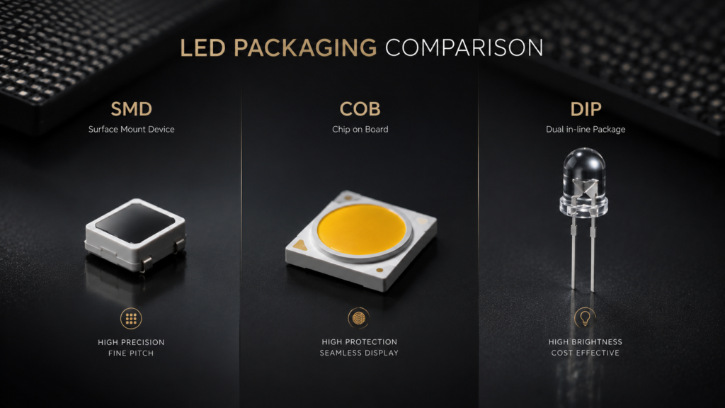 SMD vs COB vs DIP LED bead packaging comparison for displays SMD vs COB vs DIP LED bead packaging comparison for displays