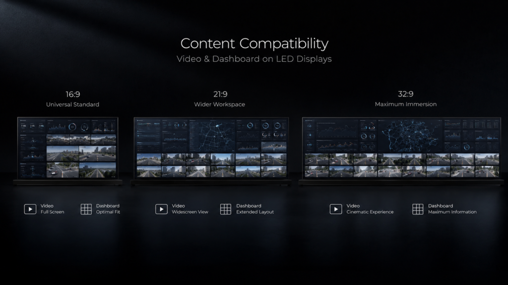 content compatibility 16:9 21:9 32:9 for video dashboard and camera feeds on LED screens content compatibility 16:9 21:9 32:9 for video dashboard and camera feeds on LED screens