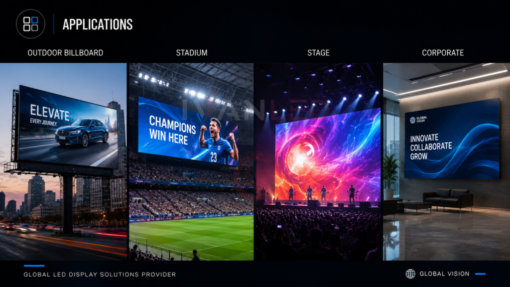 aplikasi layar LED raksasa: papan iklan luar ruang, stadion, panggung, dan perusahaan aplikasi layar LED raksasa: papan iklan luar ruang, stadion, panggung, dan perusahaan