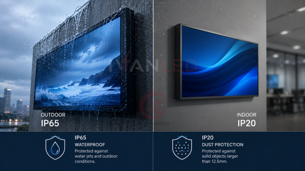 Dış mekan LED ekranı IP65 su geçirmezlik özelliği ile iç mekan IP20 toz koruması karşılaştırması Dış mekan LED ekranı IP65 su geçirmezlik özelliği ile iç mekan IP20 toz koruması karşılaştırması