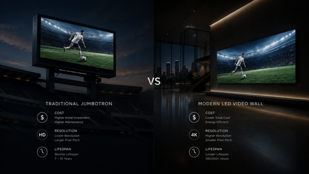 traditional Jumbotron vs modern LED video wall comparison cost resolution lifespan traditional Jumbotron vs modern LED video wall comparison cost resolution lifespan