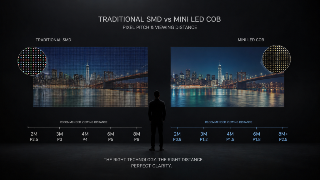 traditional SMD vs Mini LED COB pixel pitch and viewing distance chart traditional SMD vs Mini LED COB pixel pitch and viewing distance chart