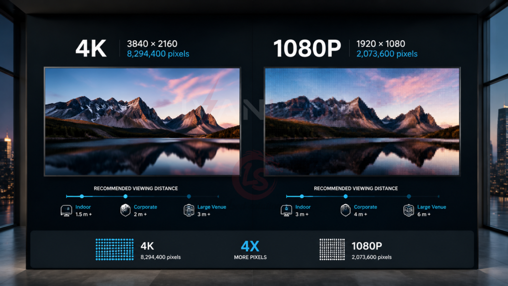 Vergleichstabelle zur Pixelanzahl und zum Betrachtungsabstand bei 4K und 1080p