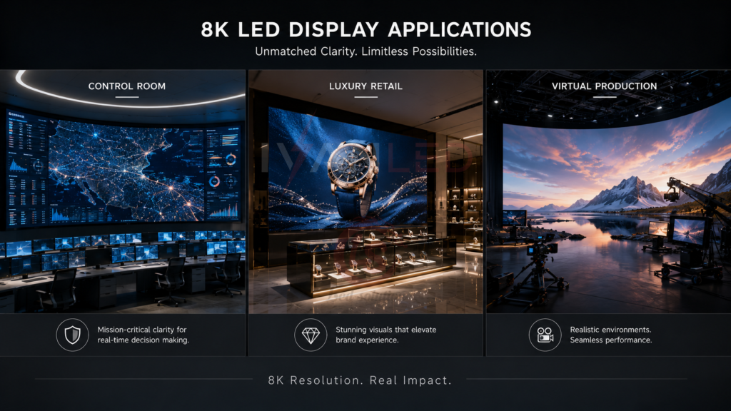 8K LED ekran uygulamaları: kontrol odası, lüks perakende, sanal prodüksiyon