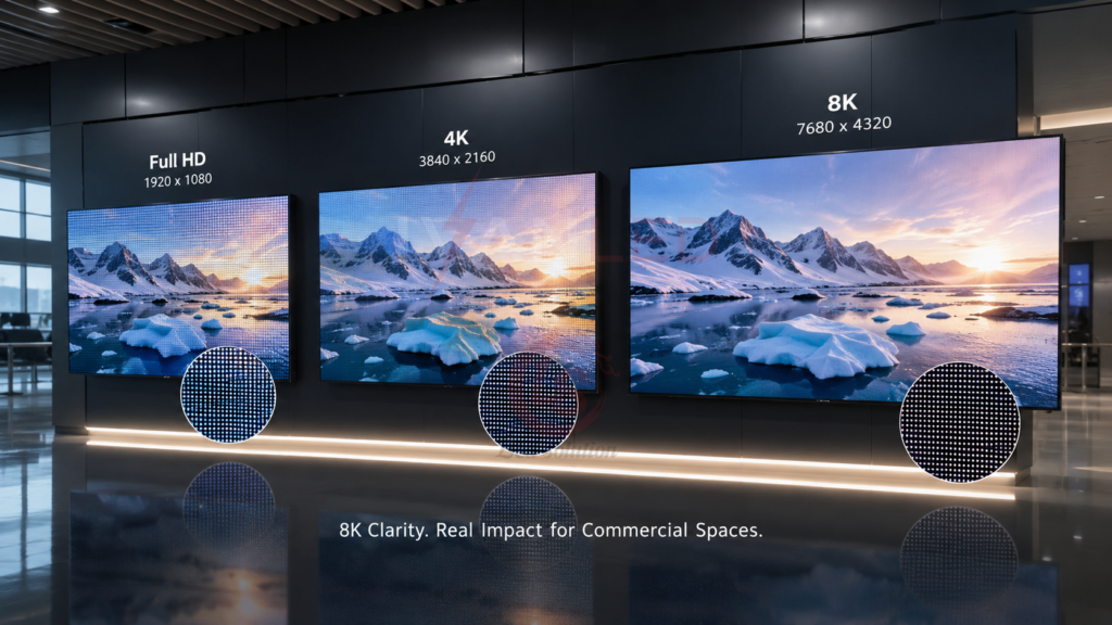 Ticari kullanım amaçlı 8K LED ekran çözünürlüğünün 4K ve Full HD ile karşılaştırması