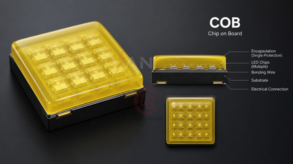 COB Chip on Board LED packaging multiple chips single encapsulation diagram