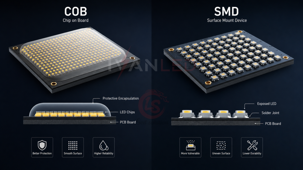 COB Chip on Board vs SMD Surface Mount packaging comparison diagram