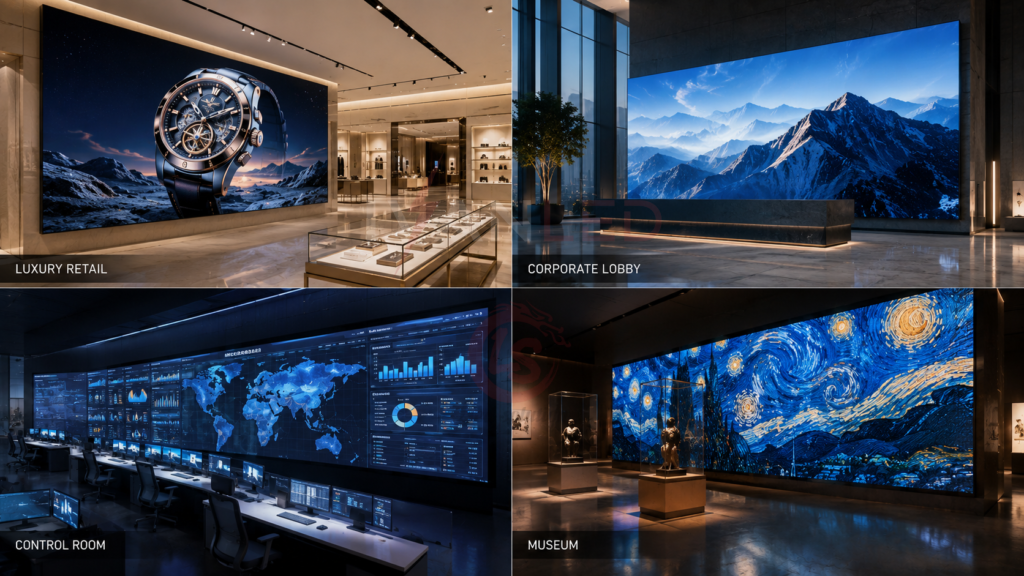 COB LED display applications luxury retail corporate lobby control room museum