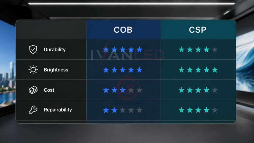 COB vs CSP comparison table durability brightness cost repairability