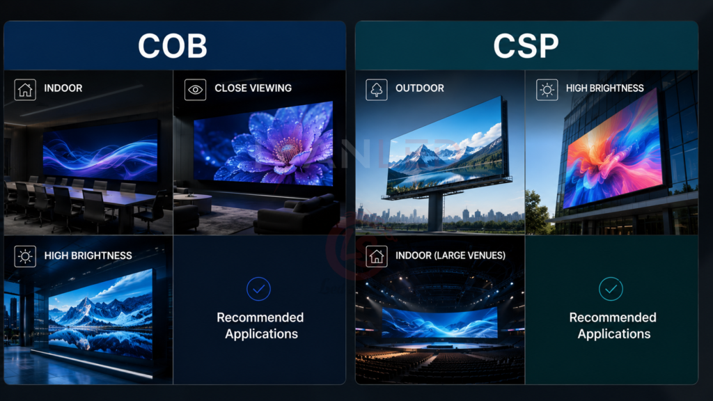 COB vs CSP recommended applications indoor outdoor close viewing high brightness