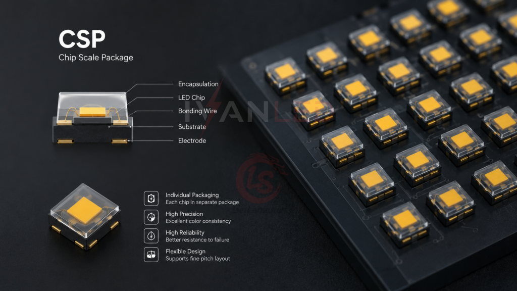 CSP Chip Scale Package LED packaging individual chips separate packages diagram