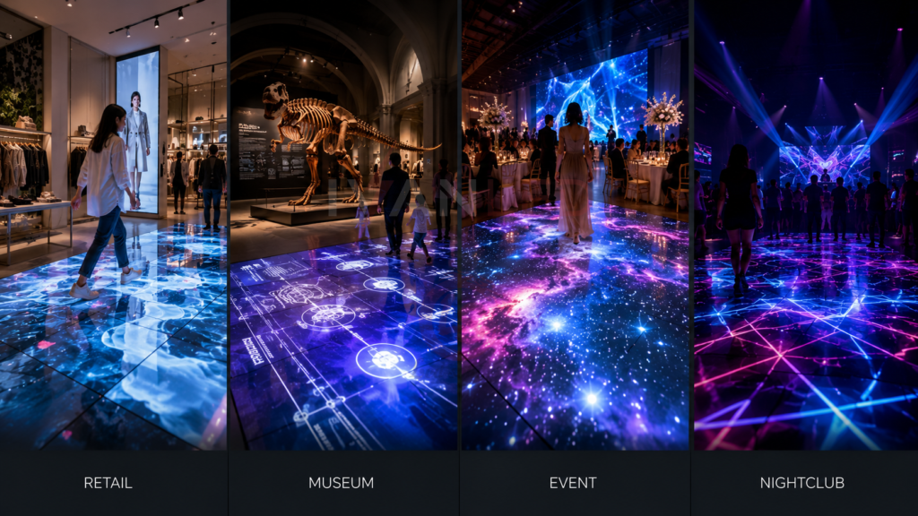 LED floor tiles retail museum event nightclub installation LED floor tiles retail museum event nightclub installation