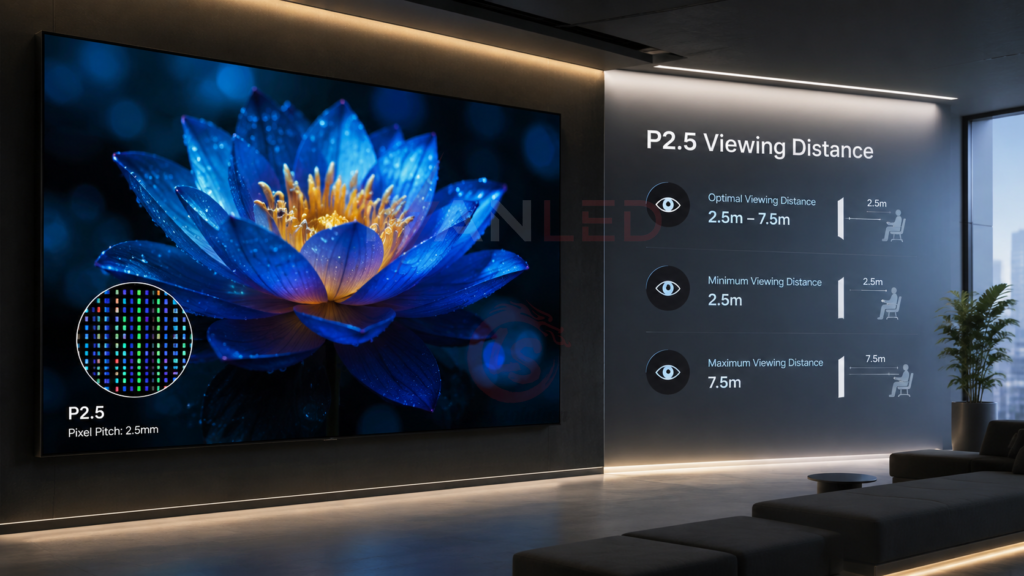 P2.5 LED 패널 픽셀 피치 2.5mm 시야 거리 비교