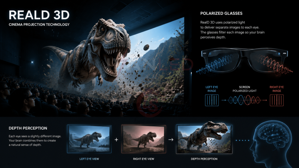 RealD 3D 영화 상영 기술, 편광 안경, 입체감 RealD 3D 영화 상영 기술, 편광 안경, 입체감