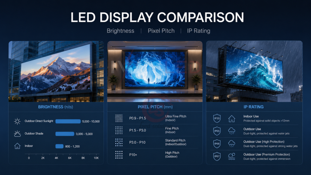 advertising LED display brightness pixel pitch IP rating comparison