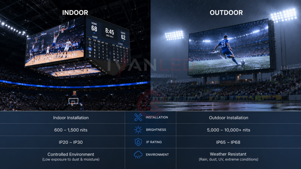 indoor vs outdoor stadium LED display installation brightness IP rating comparison