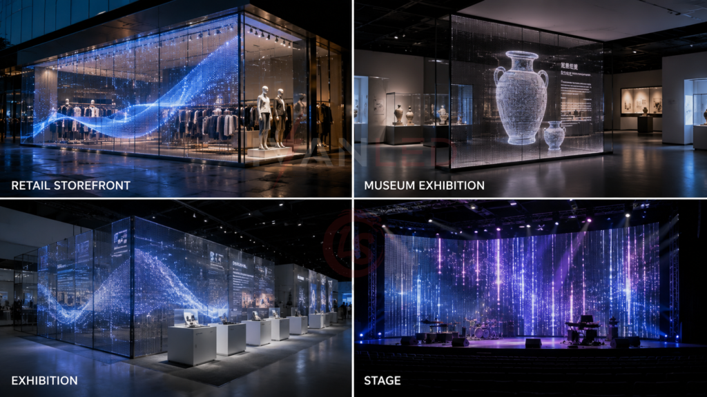 transparent LED wall applications retail storefront museum exhibition stage transparent LED wall applications retail storefront museum exhibition stage