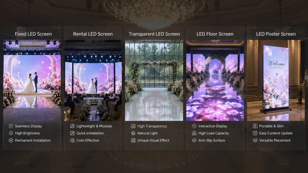 웨딩용 LED 스크린 종류, 고정형, 대여형, 투명형, 바닥형, 포스터형 비교 웨딩용 LED 스크린 종류, 고정형, 대여형, 투명형, 바닥형, 포스터형 비교