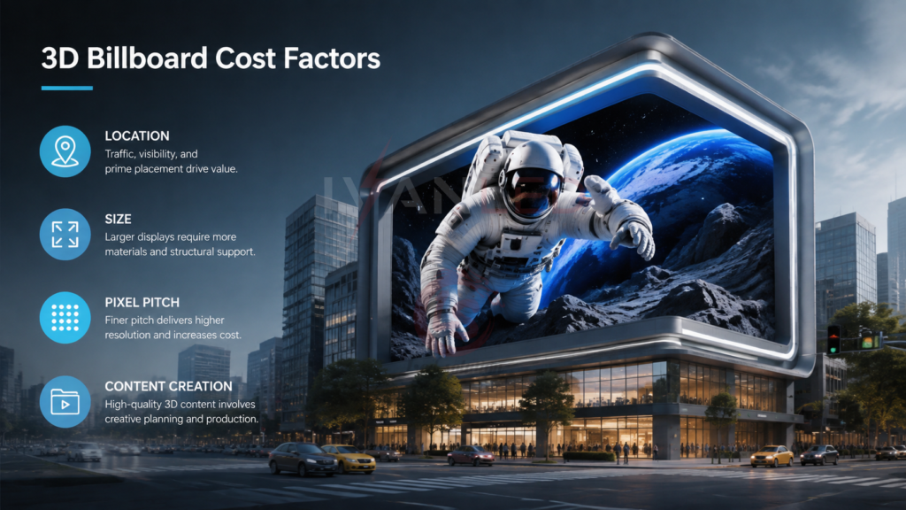3D billboard cost factors location size pixel pitch content creation