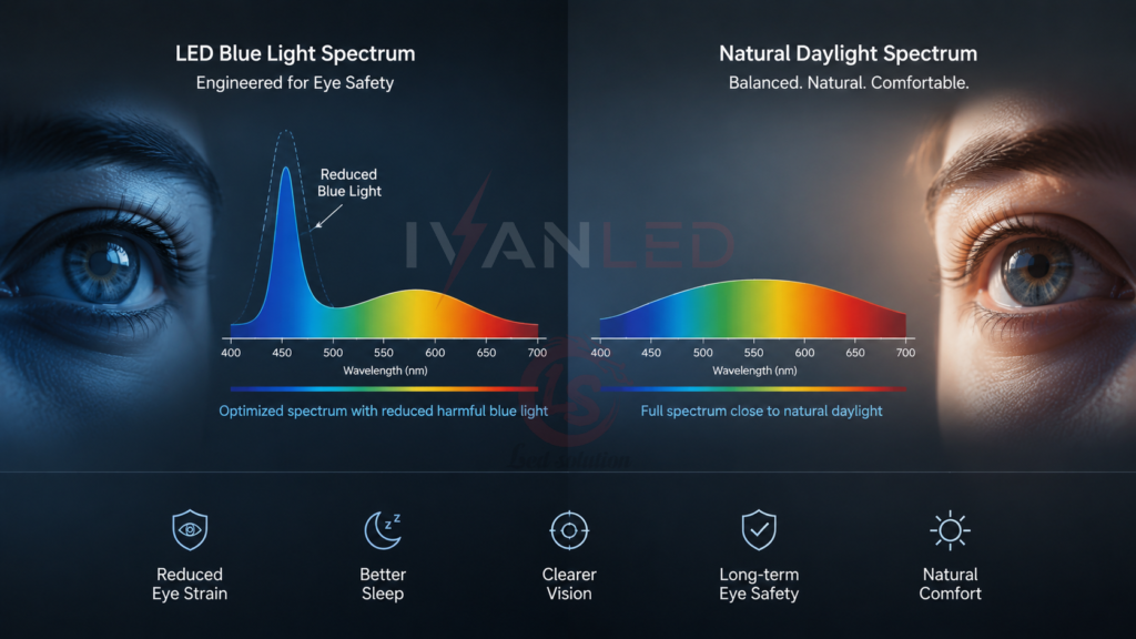 LED blue light spectrum eye safety vs natural daylight comparison
