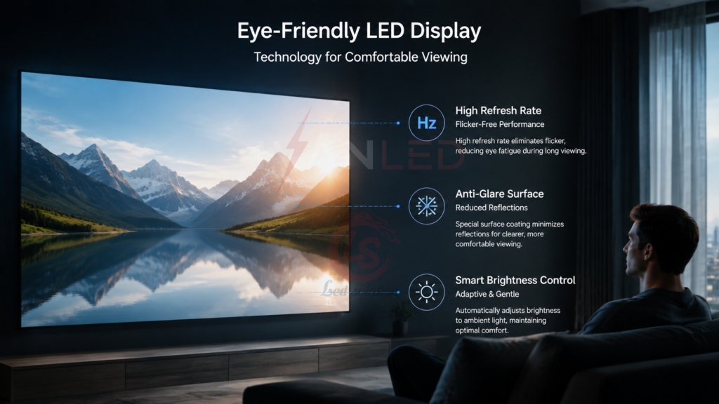 LED display eye-friendly features refresh rate anti-glare brightness control