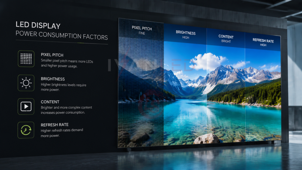 LED display power consumption factors pixel pitch brightness content refresh rate