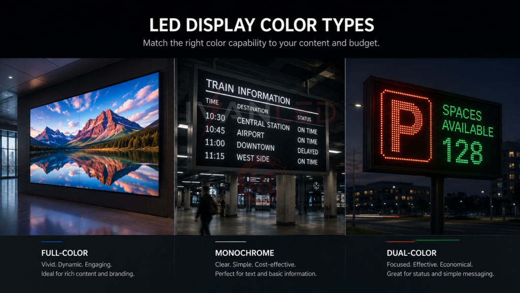 LED displays are classified by color capability: full-color, monochrome, and dual-color LED displays are classified by color capability: full-color, monochrome, and dual-color