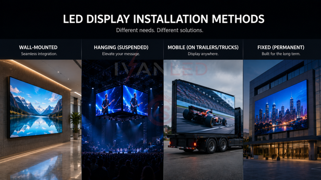 LED displays are installed in four main ways: wall-mounted, hanging, mobile, and fixed LED displays are installed in four main ways: wall-mounted, hanging, mobile, and fixed