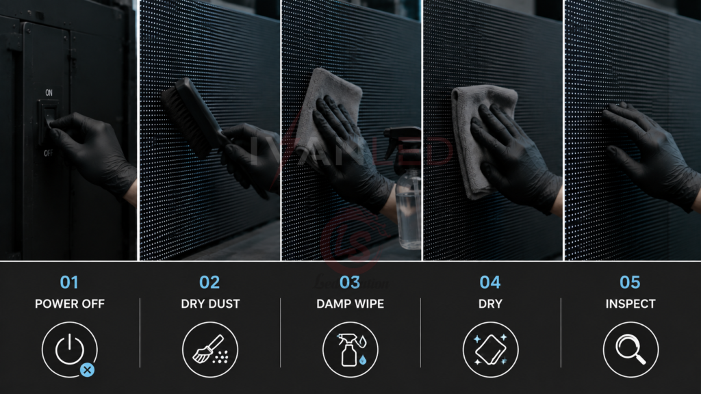 LED screen cleaning step-by-step power off dry dust damp wipe dry inspect LED screen cleaning step-by-step power off dry dust damp wipe dry inspect