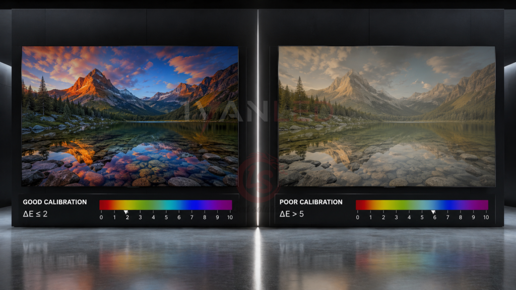 LED screen color accuracy Delta E comparison good vs poor calibration LED screen color accuracy Delta E comparison good vs poor calibration