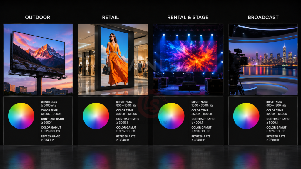 LED screen color specifications by application outdoor retail rental broadcast LED screen color specifications by application outdoor retail rental broadcast