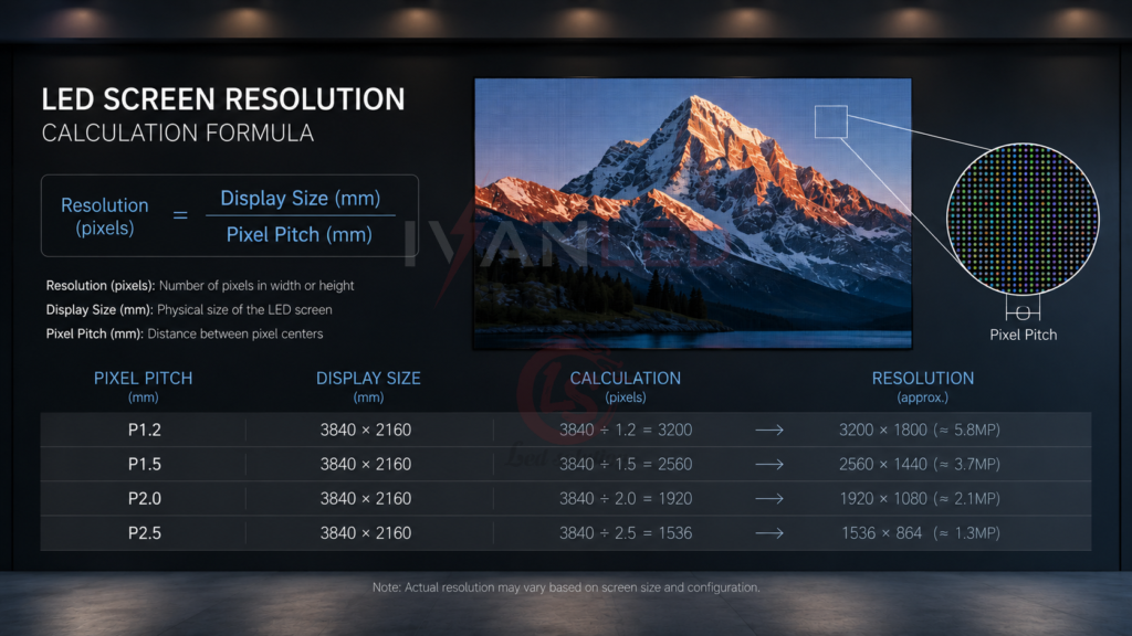 LED screen resolution calculation formula pixel pitch example