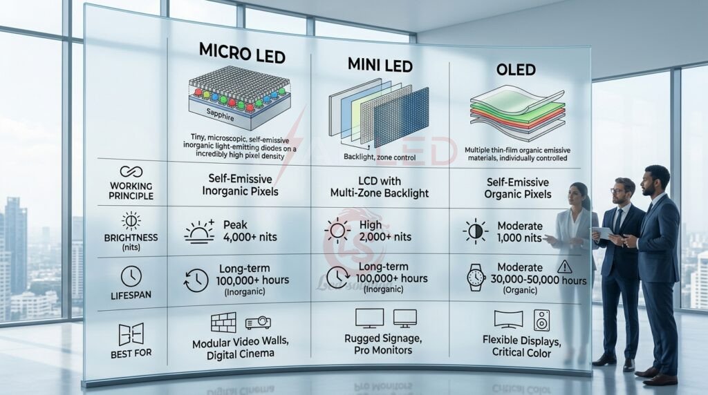 마이크로 LED vs 미니 LED vs OLED 비교표 마이크로 LED vs 미니 LED vs OLED 비교표